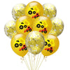 A bunch of yellow latex balloons featuring construction tractors and excavators