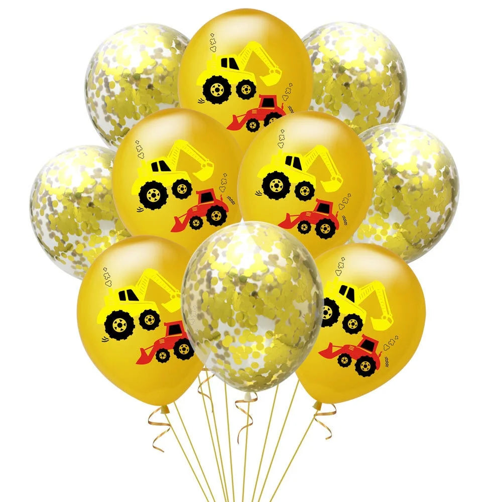 A bunch of yellow latex balloons featuring construction tractors and excavators