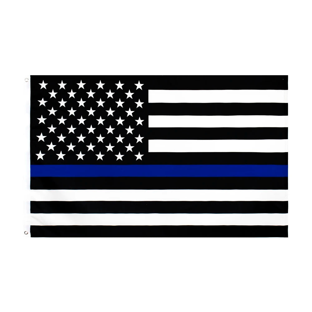 A flag design featuring the American flag pattern with a thin blue and red line tribute.