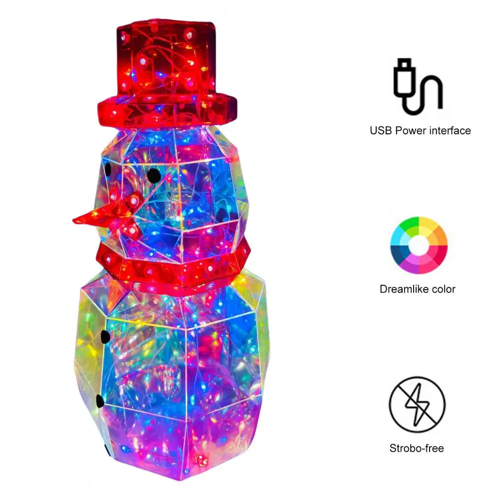 A prismatic LED snowman decoration with a glowing body and red hat, powered by a USB interface.