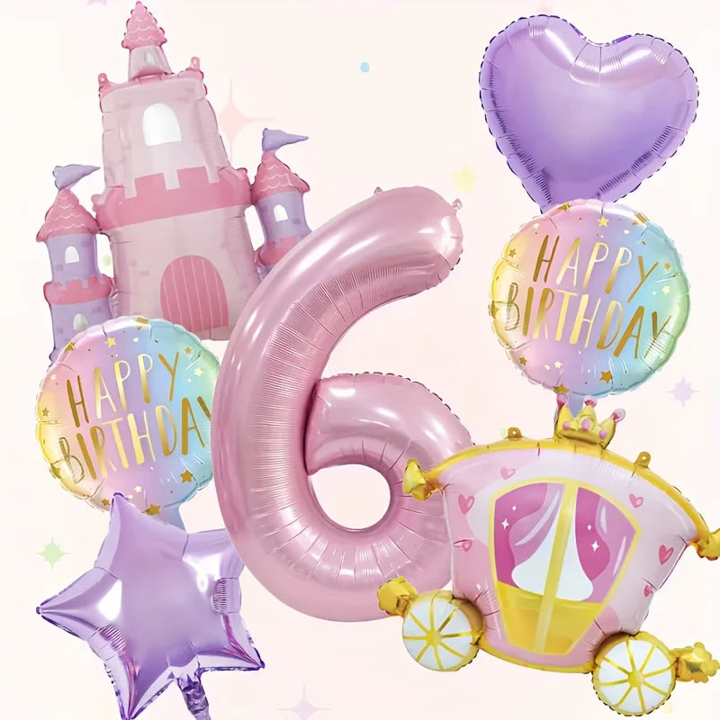 A set of seven pink balloons shaped like the number six, a castle, and a star for a birthday party.