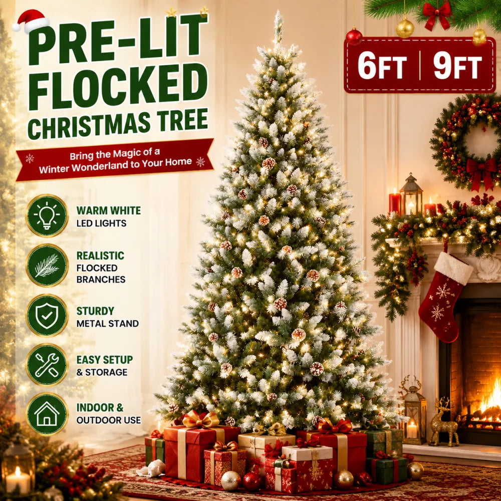 A fully decorated pre-lit flocked Christmas tree with warm white LED lights standing in a festive indoor setting.