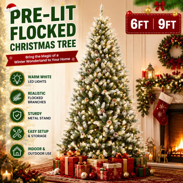 A fully decorated pre-lit flocked Christmas tree with warm white LED lights standing in a festive indoor setting.