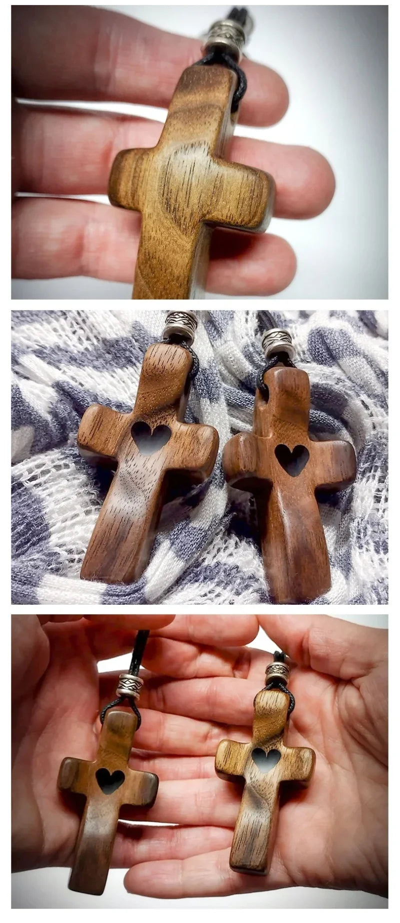 Handcrafted walnut cross keychain in various wood tones and finishes