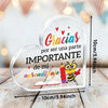 Clear acrylic heart plaque with 'Gracias por ser una parte importante' text and a bee design