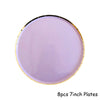 Eight 7-inch plates with purple and gold rims for party tableware