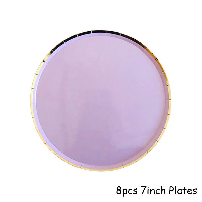 Eight 7-inch plates with purple and gold rims for party tableware