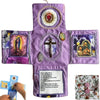 Handcrafted pocket devotional with a cross-shaped pouch featuring purple fabric and religious imagery.