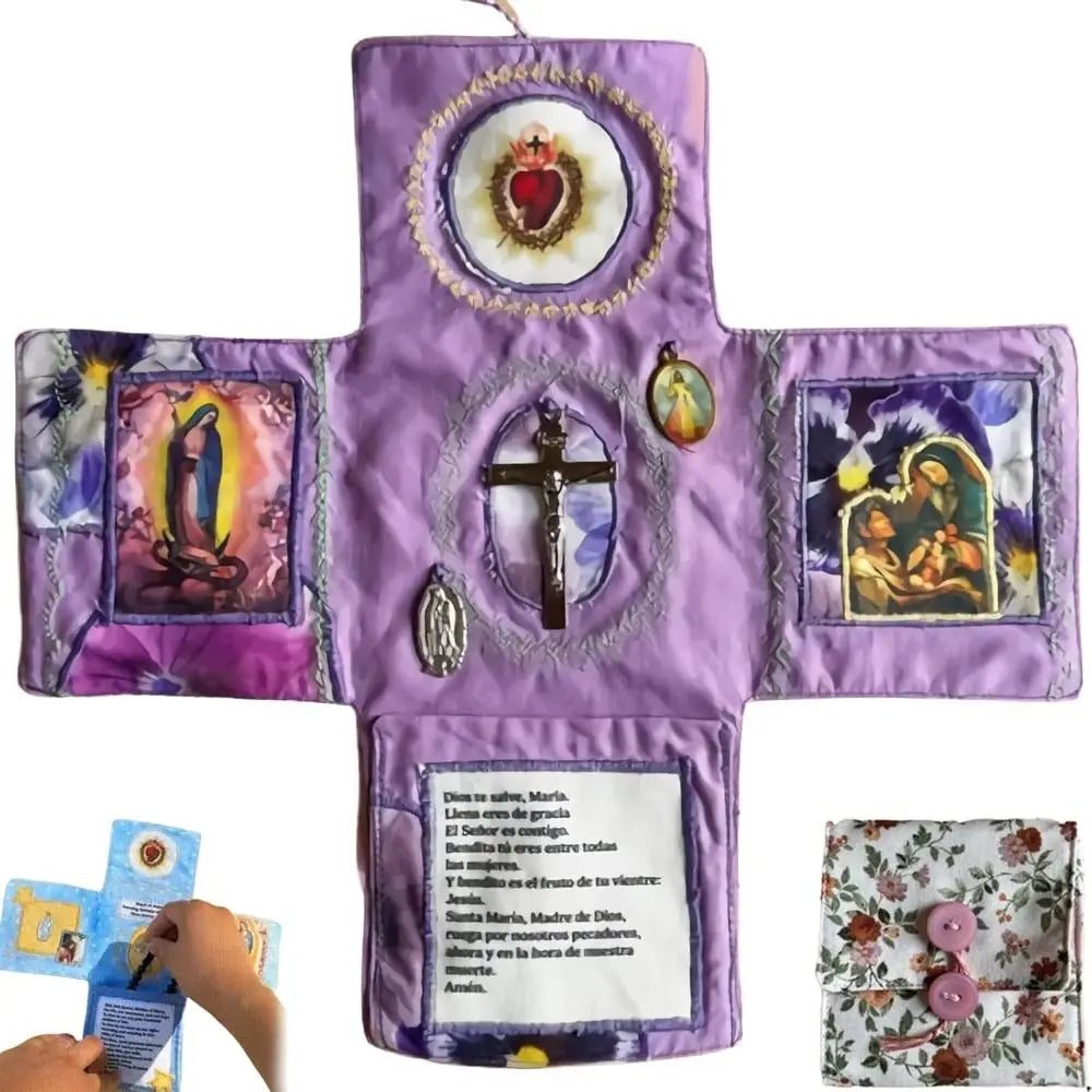 Handcrafted pocket devotional with a cross-shaped pouch featuring purple fabric and religious imagery.