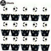 A set of 48 soccer ball cake toppers in black and white, arranged in various sizes.