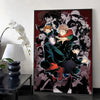 A dark, dramatic canvas print featuring characters from Jujutsu Kaisen in a stylized calligraphy art style.