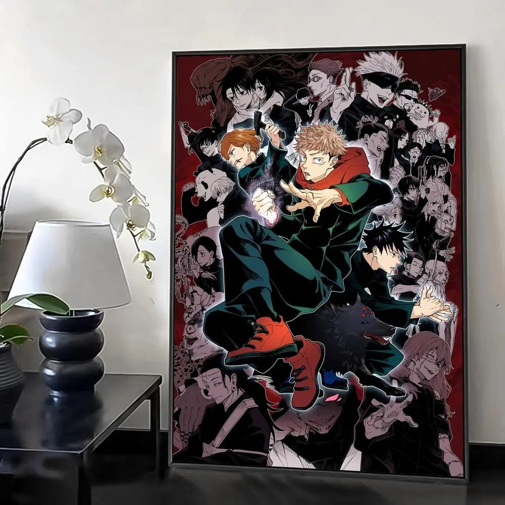 A dark, dramatic canvas print featuring characters from Jujutsu Kaisen in a stylized calligraphy art style.