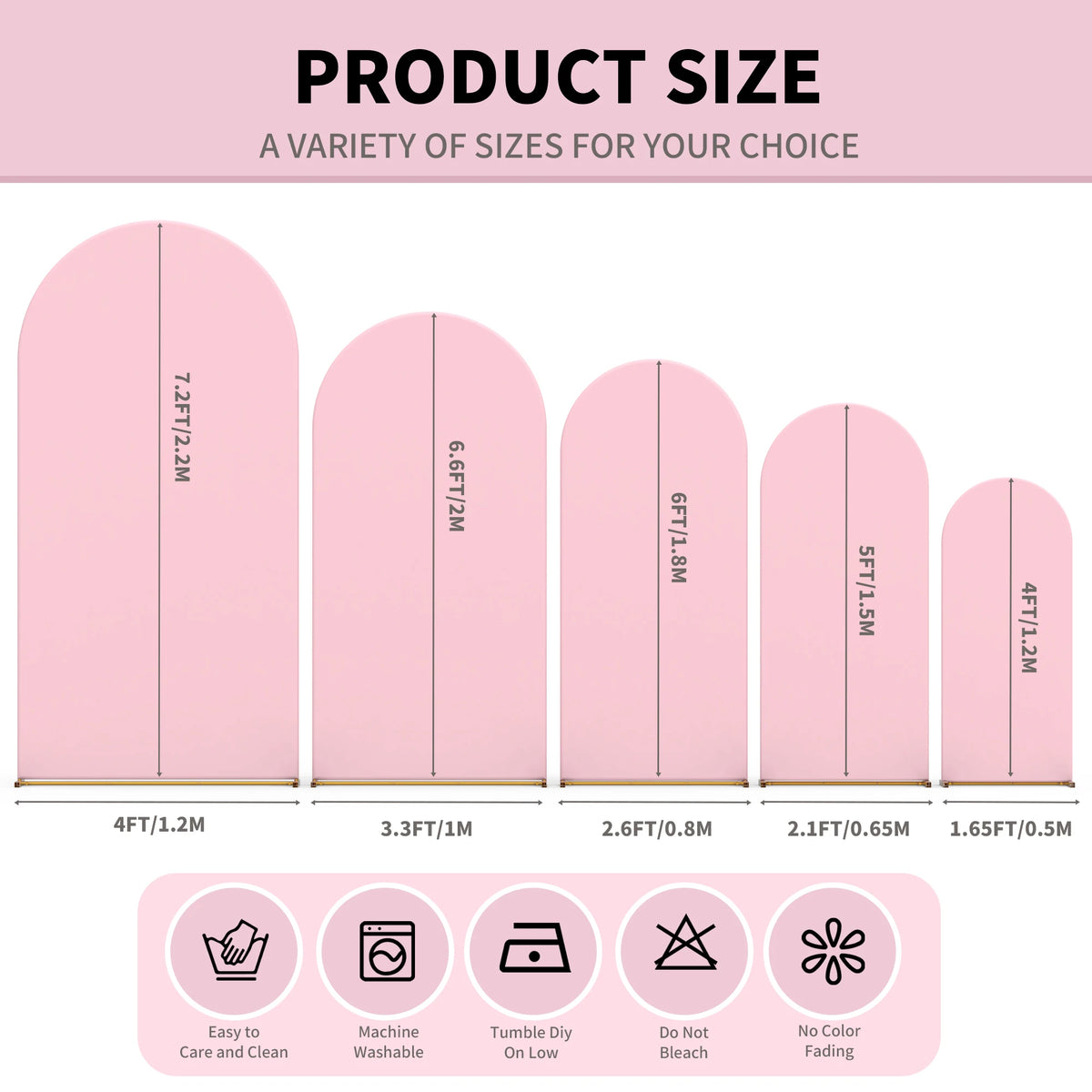Pink wedding arch cover product sizes displayed with care and cleaning instructions