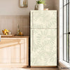 A modern refrigerator with a light beige floral plant decal on the door, set against a wooden kitchen cabinet.