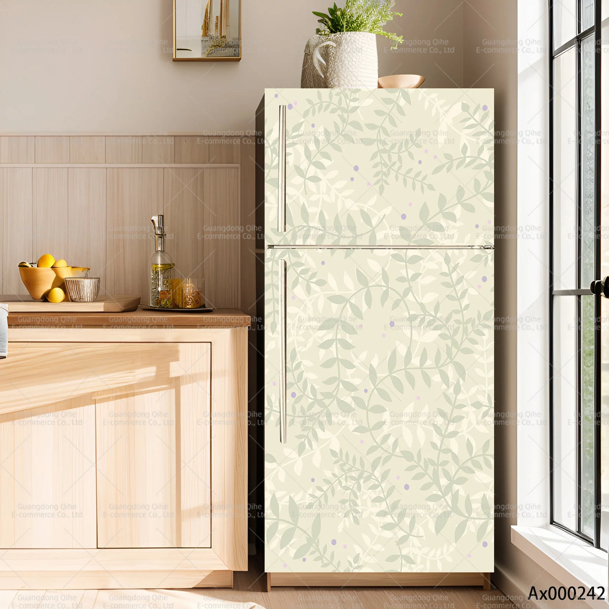 A modern refrigerator with a light beige floral plant decal on the door, set against a wooden kitchen cabinet.