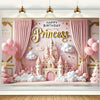 A pink princess castle photo backdrop for birthday parties featuring pink clouds and balloons.