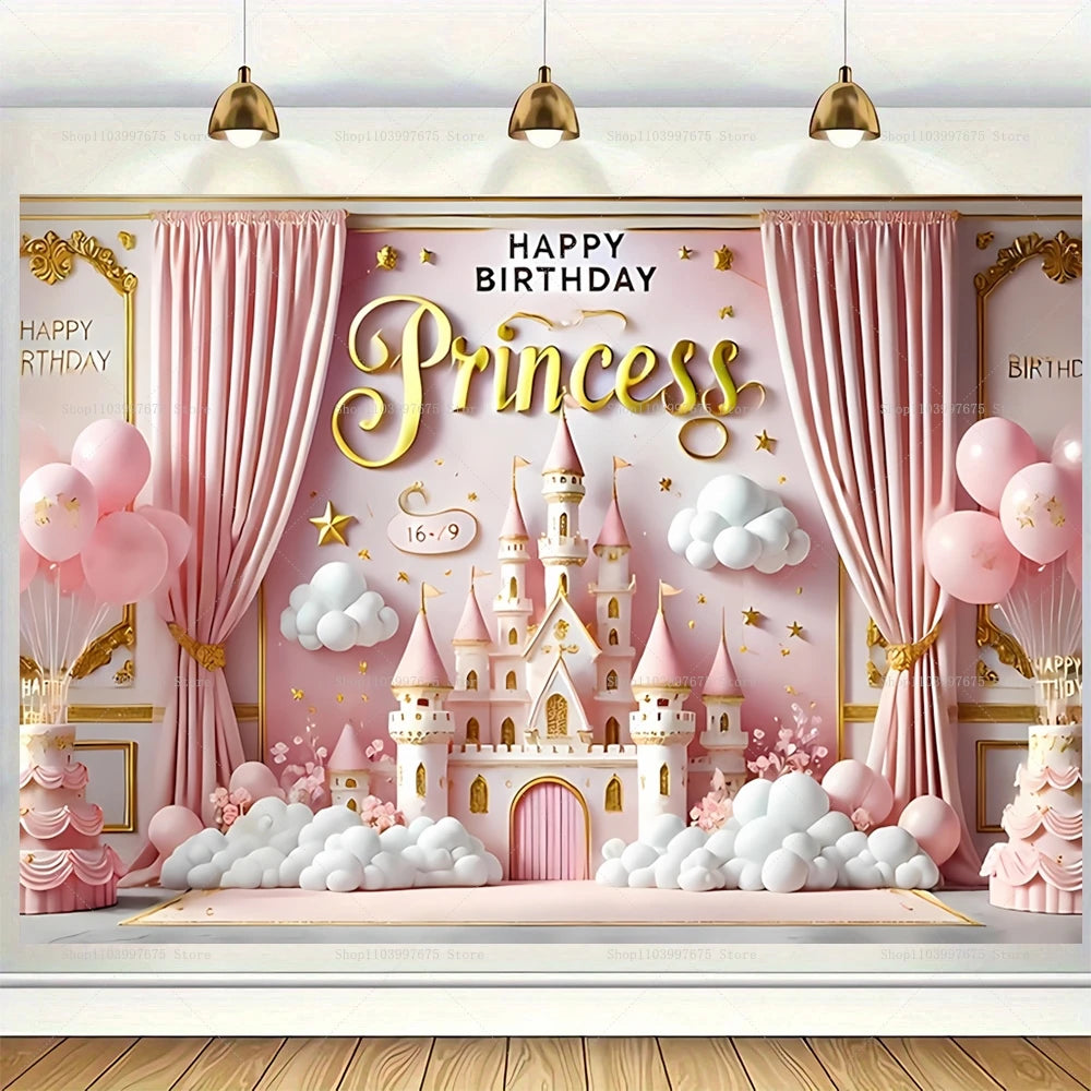 A pink princess castle photo backdrop for birthday parties featuring pink clouds and balloons.