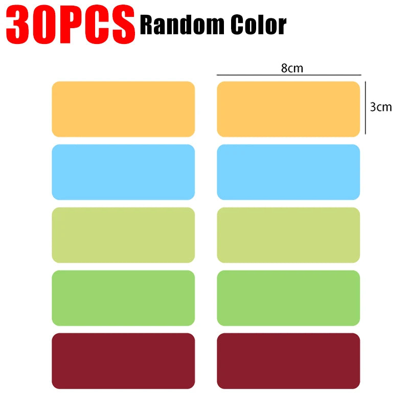 A set of 30 pieces of random color labels or stickers, rectangular in shape.