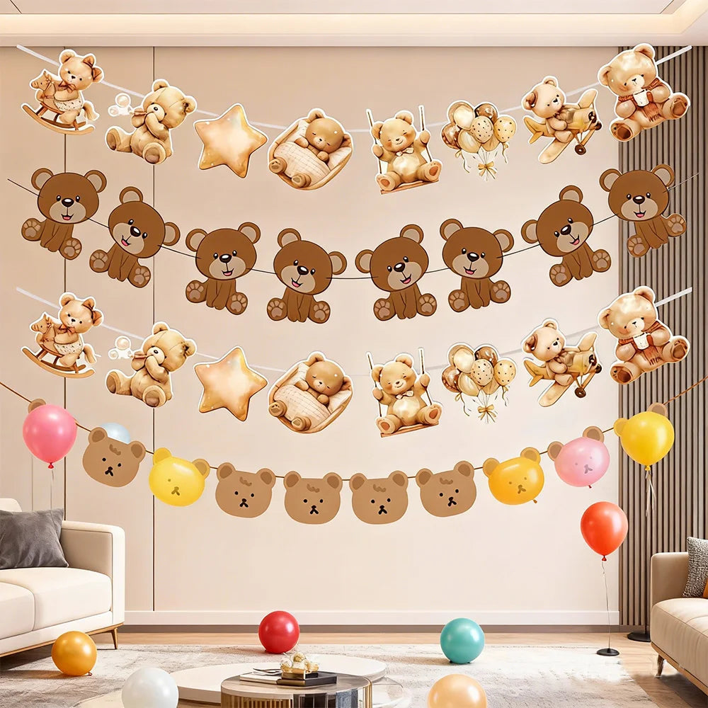 A decorative banner featuring various teddy bears in natural tones hanging on a wall.