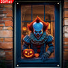 A window banner featuring a terrifying clown with an orange pumpkin and spider web design.