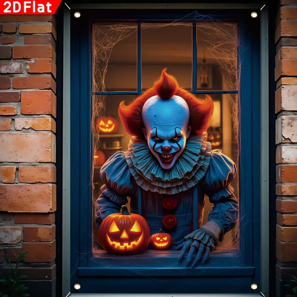 A window banner featuring a terrifying clown with an orange pumpkin and spider web design.