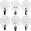 Six clear incandescent light bulbs with E12 candelabra bases shown in various angles