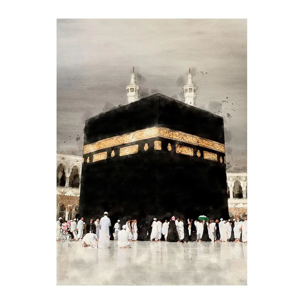 Watercolor painting of a large mosque structure with minarets against a cloudy sky.