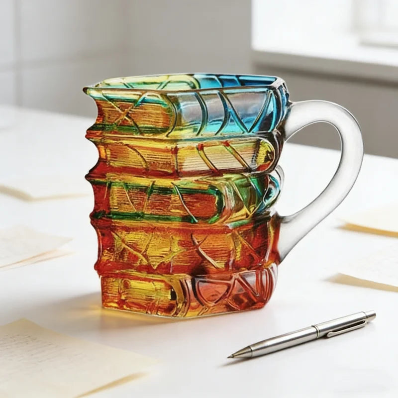 A stack of hand-painted book design mugs in vibrant shades of blue, green, and orange sitting on a white surface.