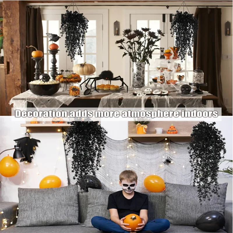 A decorative display featuring artificial black vine hanging plants and orange accents indoors.