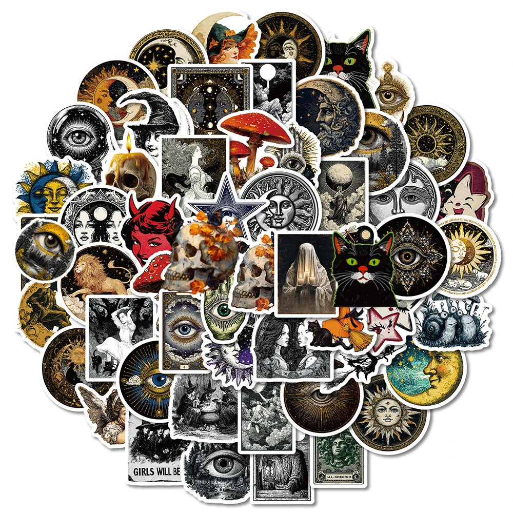 A collection of vintage art moon and sun decals featuring various celestial themes, faces, and mystical imagery.