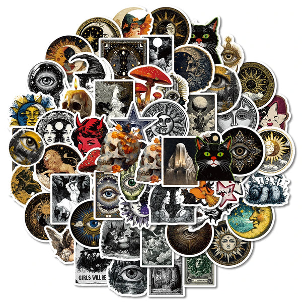 Collection de autocollants vintage de lune et de soleil avec divers thèmes célestes, visages et images mystiques.