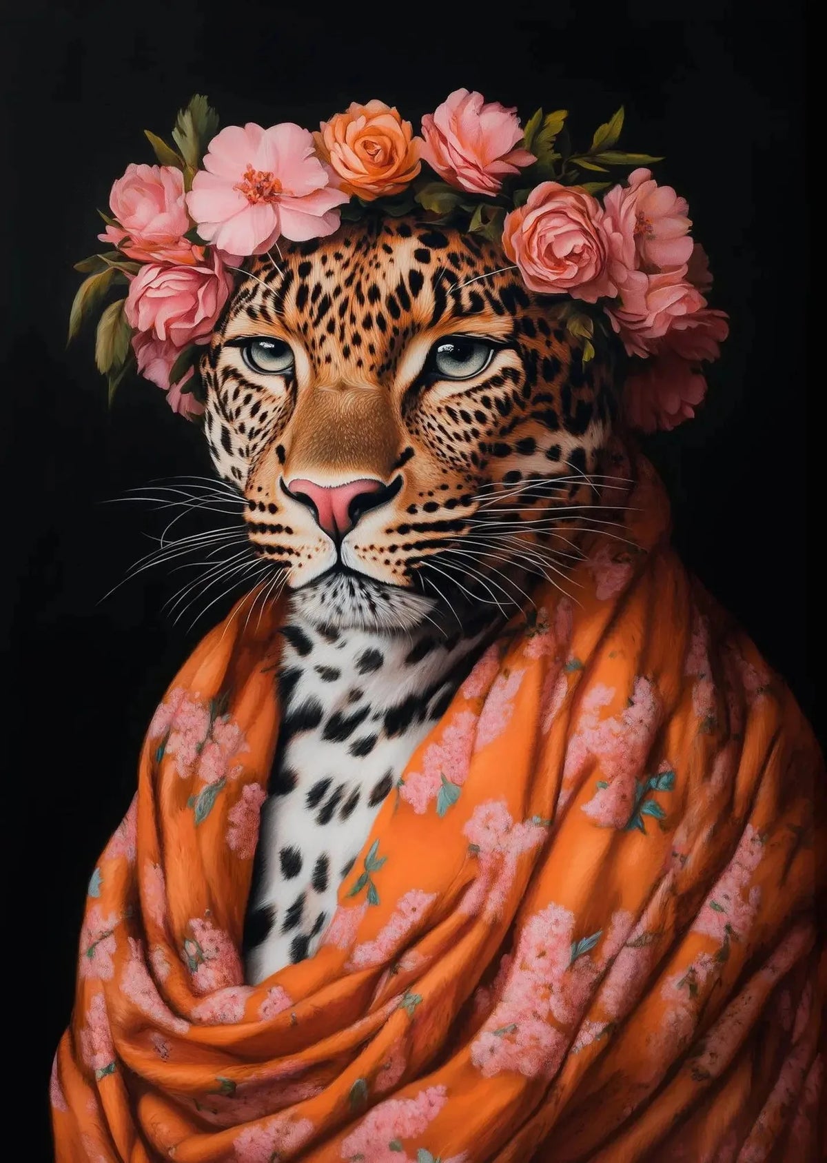 A portrait of a leopard with a floral crown and an orange patterned scarf against a dark background.