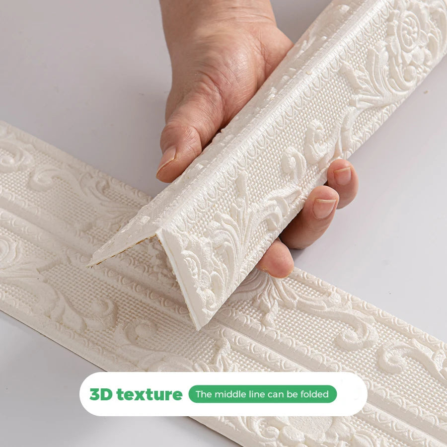 Close-up of white self-adhesive PE foam edge banding trim being held, showing 3D texture and a folded middle line.