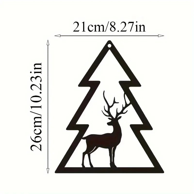 Black metal wall sculpture of a deer with antlers in the shape of a Christmas tree.