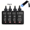 Four bottles of UV resin formulated for artists with various hardness levels and a dispenser cap.