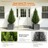 A display of upgraded PE leaves artificial cedar topiary trees in bright green and dark green colors.