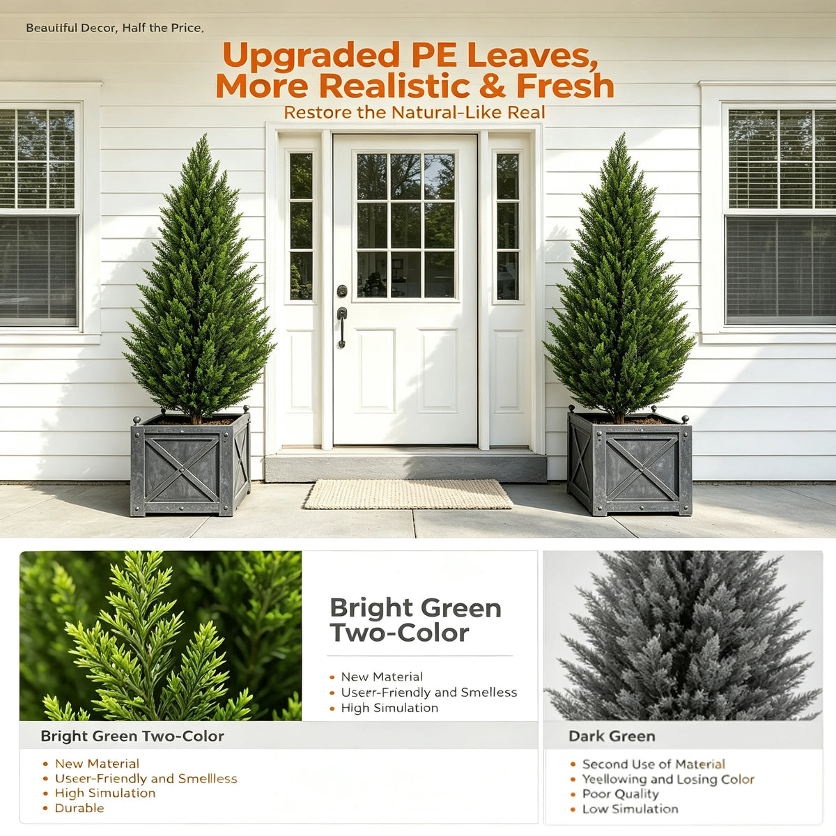 A display of upgraded PE leaves artificial cedar topiary trees in bright green and dark green colors.
