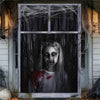 A dark, moody portrait of a pale girl with blood on her face is displayed in a window frame decorated with cobwebs.