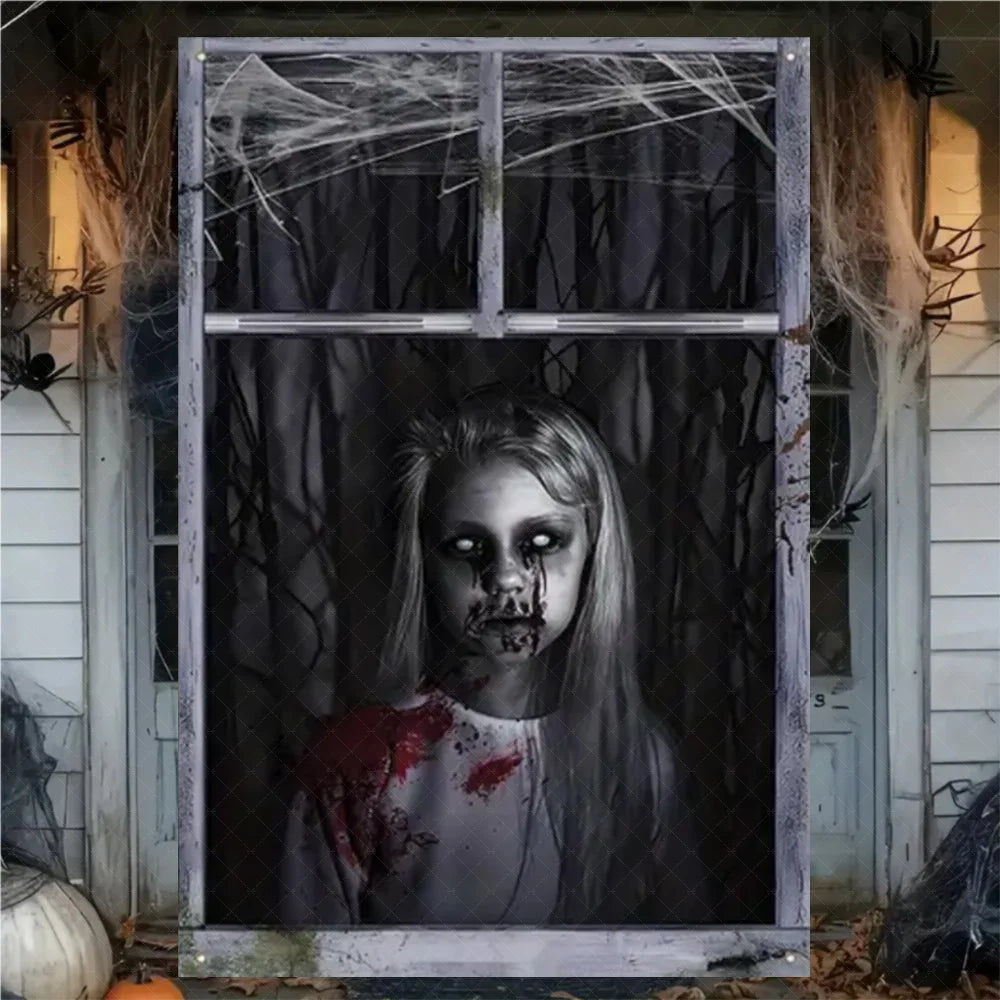 A dark, moody portrait of a pale girl with blood on her face is displayed in a window frame decorated with cobwebs.