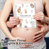 A pink maternity belly holds a notebook titled Hello little one featuring cute animal illustrations for a pregnancy journey.