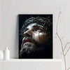 A dark canvas print depicting a close-up of Jesus Christ with a crown of thorns.
