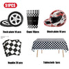 A set of party decorations including 51 pieces of checkered black and white items like plates, cups, napkins, and a tableclot