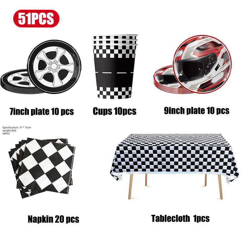 A set of party decorations including 51 pieces of checkered black and white items like plates, cups, napkins, and a tableclot