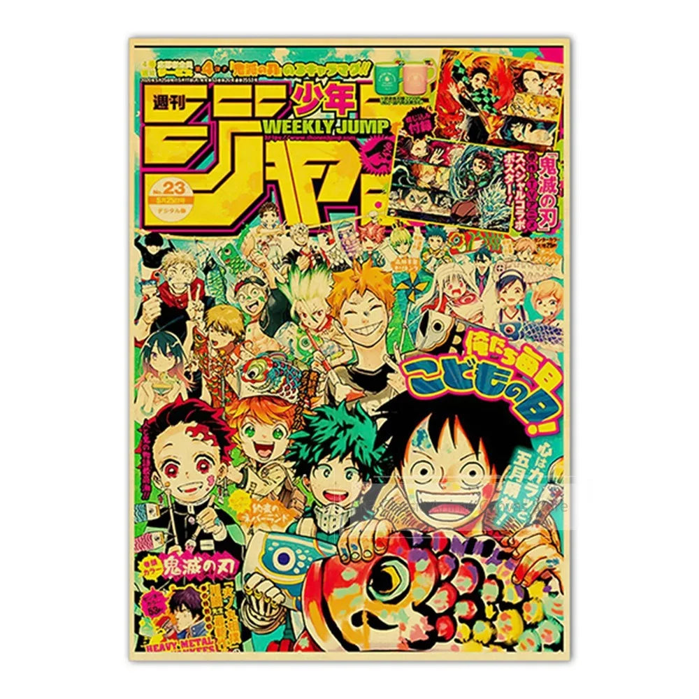 A colorful poster featuring characters from JoJo, Jujutsu Kaisen, and Demon Slayer anime series.