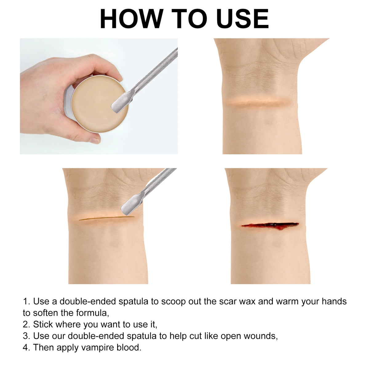 Instructions for using a double-ended spatula to apply wax and vampire blood to create fake wounds.