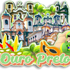 A colorful illustration featuring historical buildings and a person in green, with the text Ouro Preto.