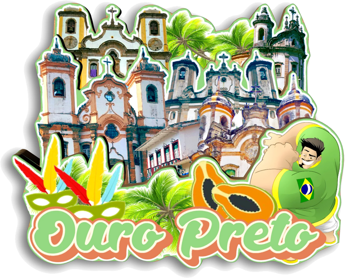 A colorful illustration featuring historical buildings and a person in green, with the text Ouro Preto.