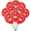 A bunch of red latex balloons shaped like farm houses with white trim and windows.