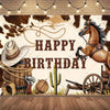 A rustic Wild West cowboy birthday backdrop featuring a horse, cactus, and wooden barrel in a farm scene.