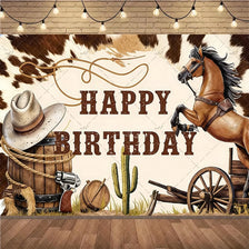 A rustic Wild West cowboy birthday backdrop featuring a horse, cactus, and wooden barrel in a farm scene.